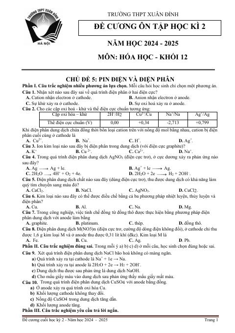 Đề cương ôn tập Học kì 2 Hóa học 12 năm 2024–2025 trường THPT Xuân Đỉnh (Hà Nội)